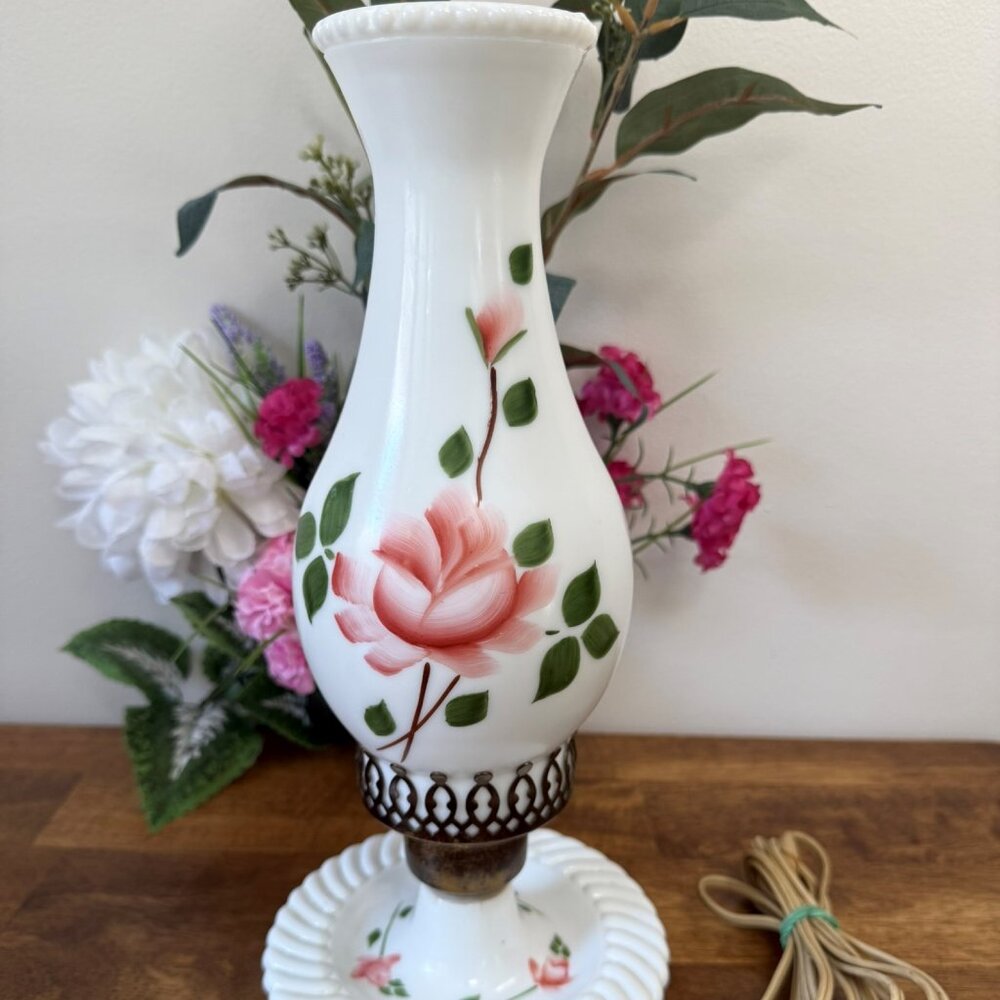 Hand Painted Milk Glass Lamp Pink Rose Design Dim‎ and Bright Switch Vintage